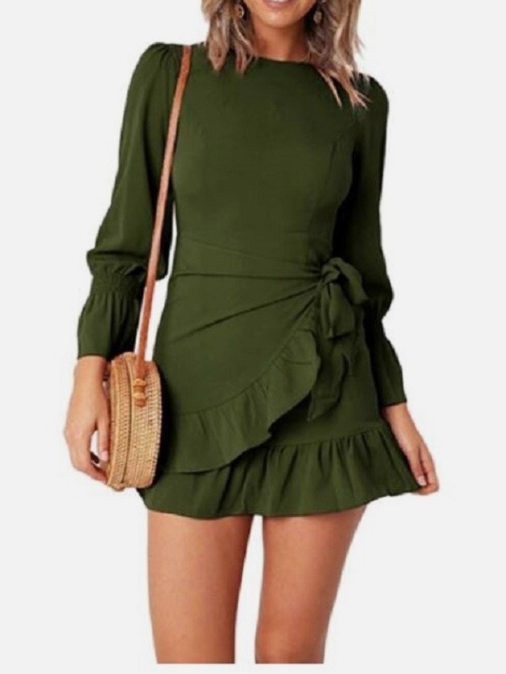 VESTIDOS Long Sleeve Round Neck Ruffles Wrap Party Dress - Size XL